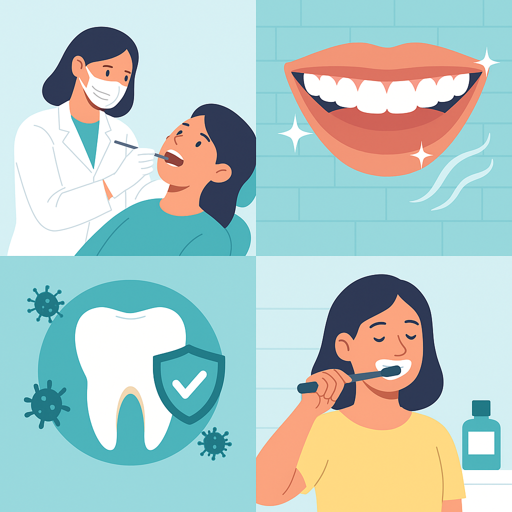 Minh họa lợi ích của việc cạo vôi răng định kỳ: bác sĩ kiểm tra răng, hơi thở thơm mát, răng chắc khỏe, chăm sóc tại nhà.